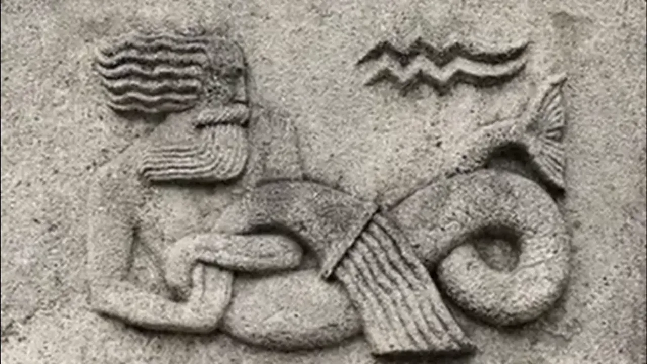 Stone relief with the Aquarius wave glyph, from the film