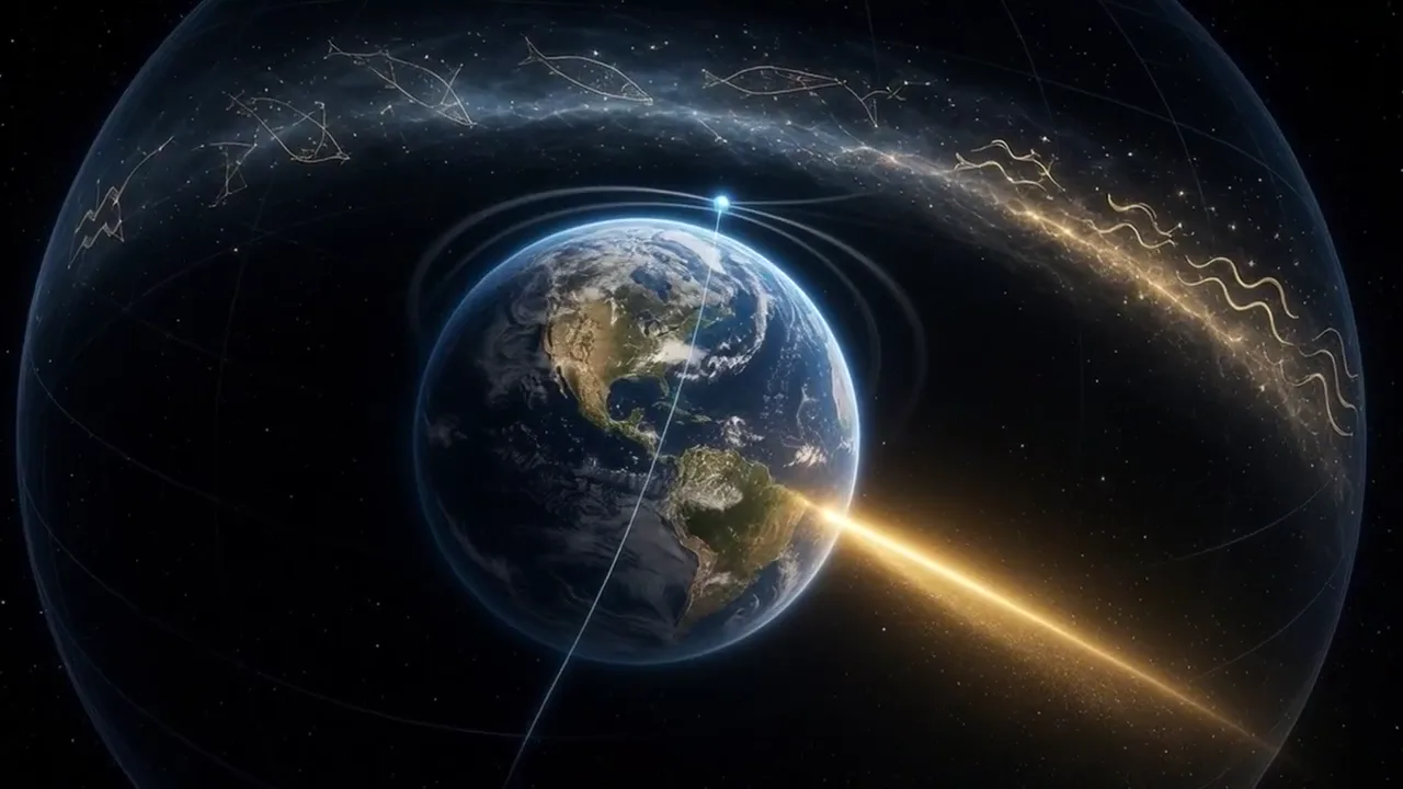 Earth tilted on its axis with the zodiac band behind it, from the film