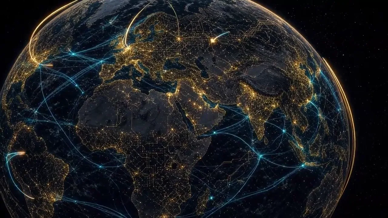 Earth wrapped in glowing network lines, from the film