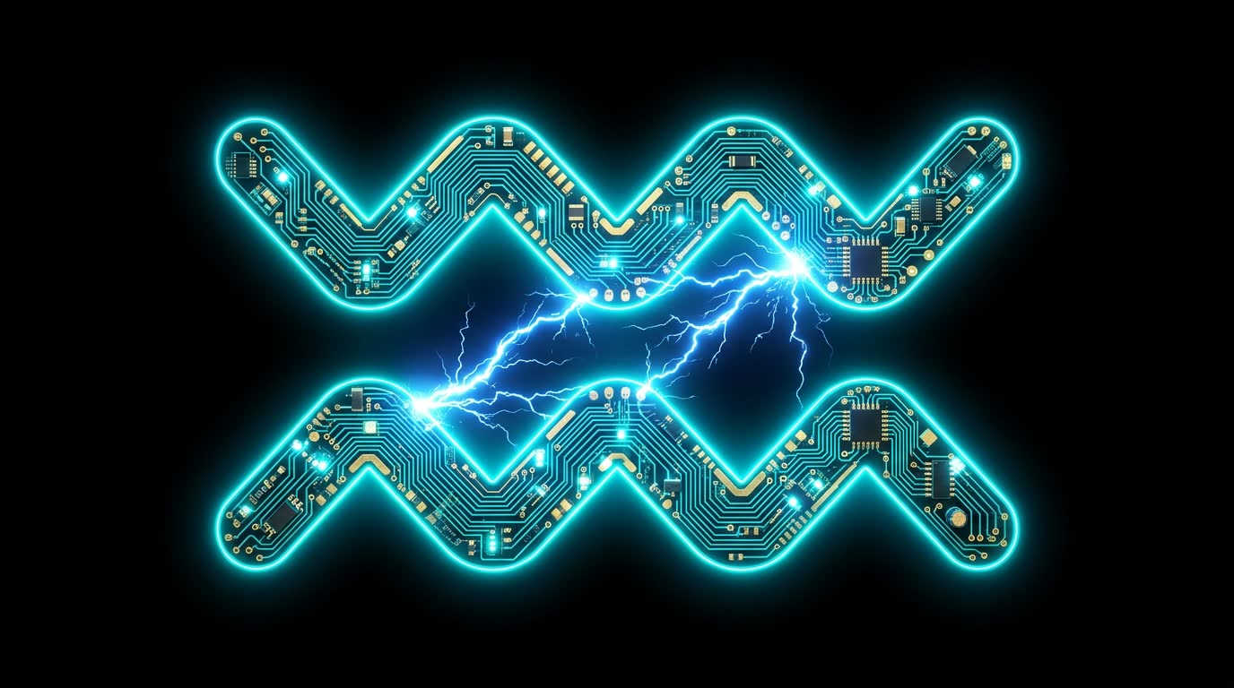 Aquarius glyph reimagined as two illuminated circuit-board traces