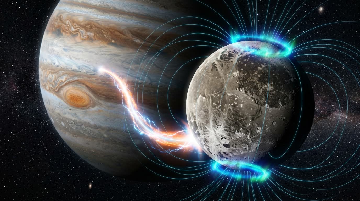 Artistic illustration of Ganymede's magnetic environment nested within Jupiter's
