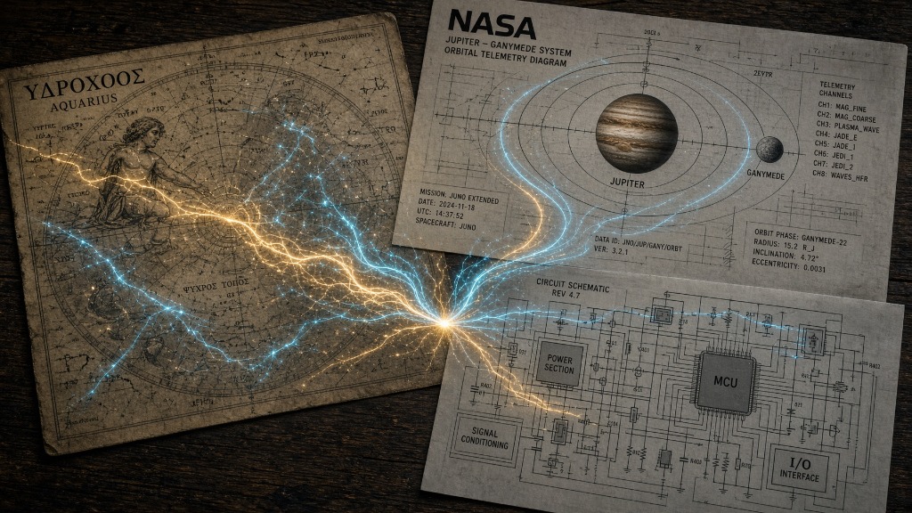 Three layered blueprints connecting an ancient Aquarius chart, Jupiter and Ganymede, and a modern electrical schematic