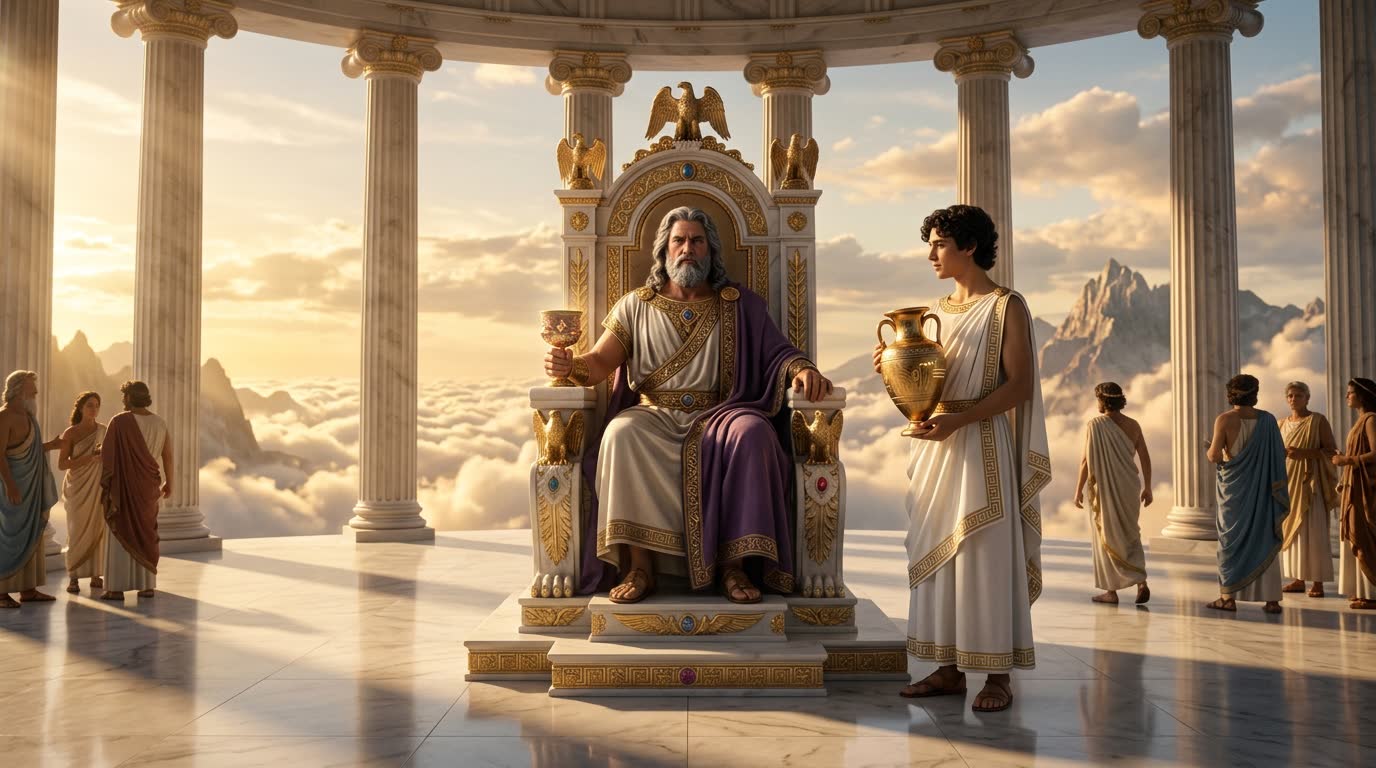 Artistic visualization of Ganymede standing beside Zeus on Olympus with an amphora