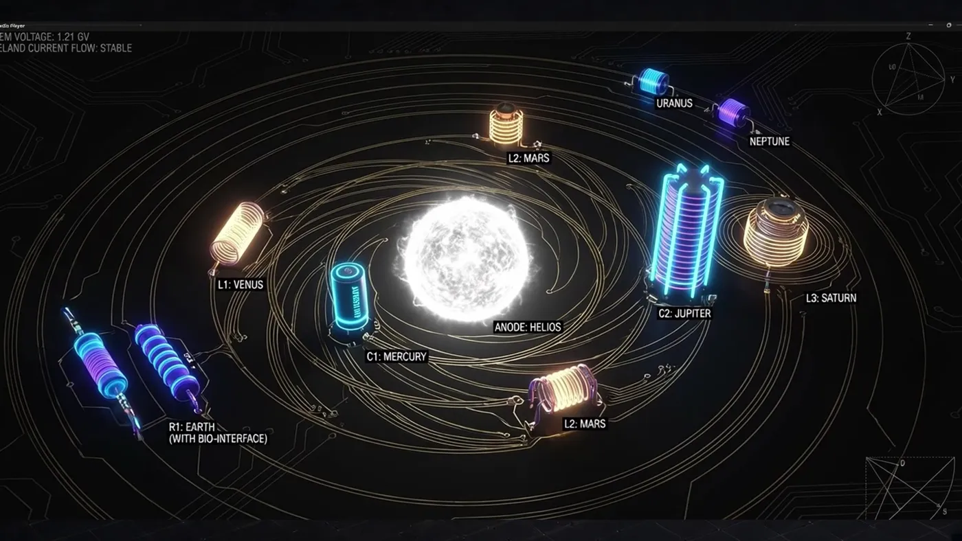 The solar system drawn as a circuit board, each planet a component