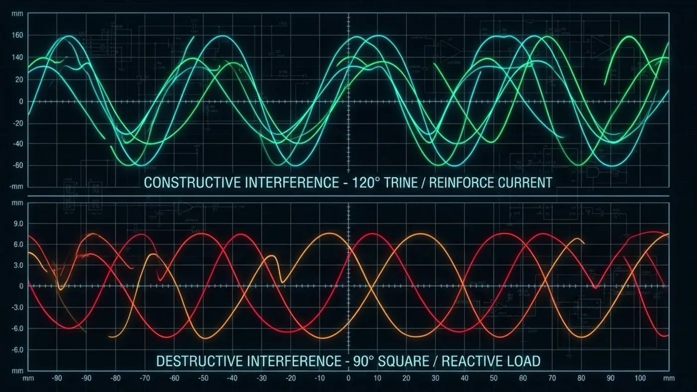 Constructive and destructive interference: a 120° trine reinforcing current, a 90° square as reactive load