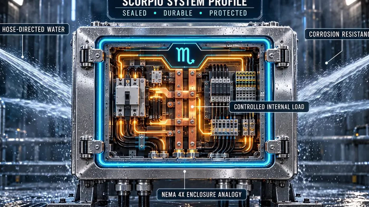 Scorpio system profile drawn as a sealed NEMA 4X enclosure