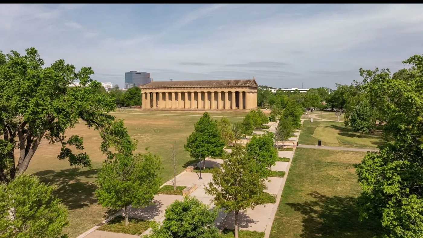 Nashville’s full-scale Parthenon in Centennial Park, from the air