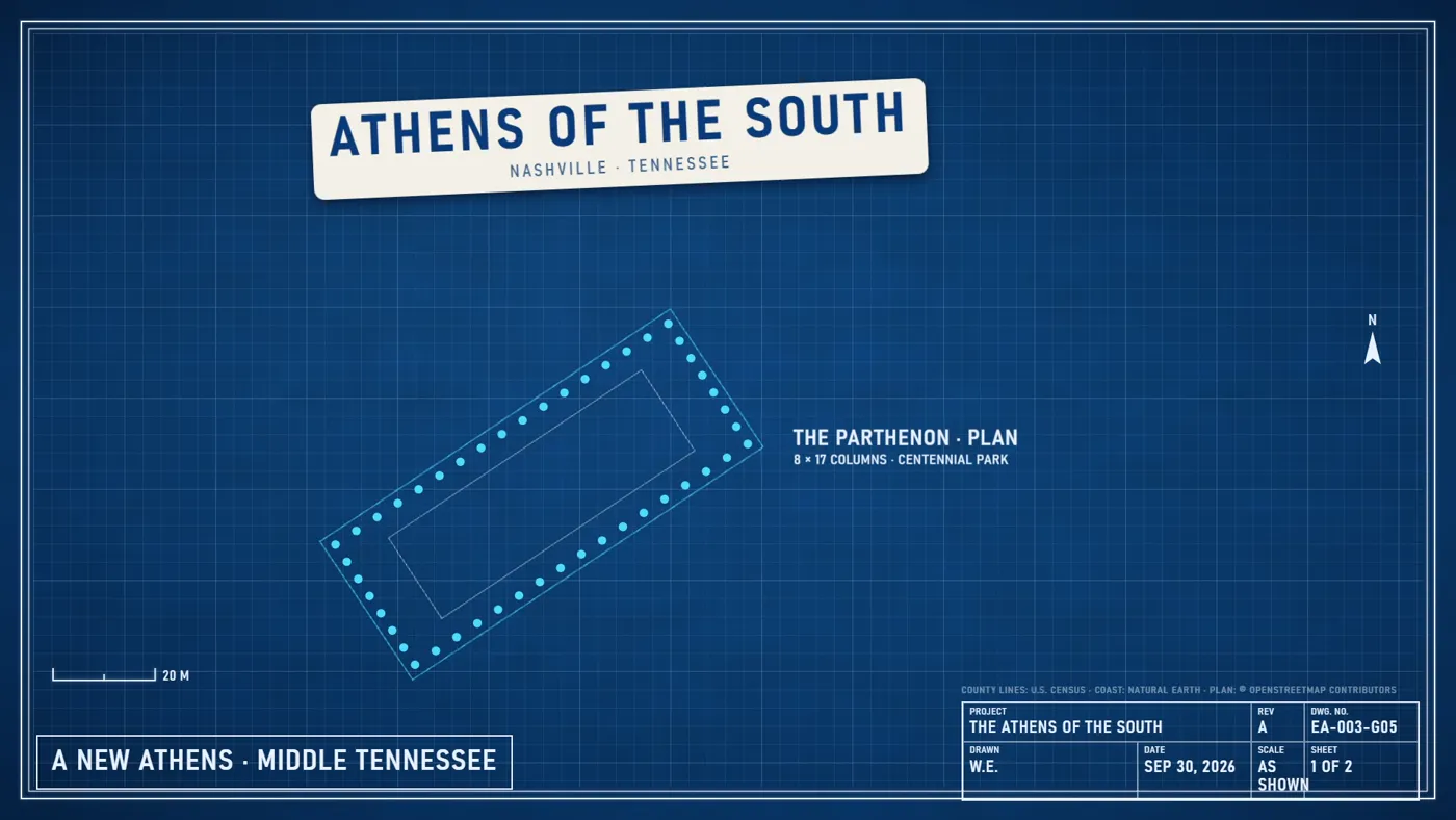 Drawing sheet: the Parthenon plan in Centennial Park, “Athens of the South”
