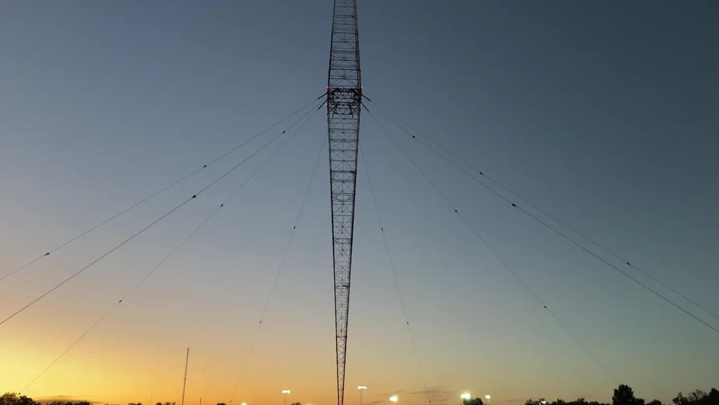 The WSM diamond tower against a dusk sky