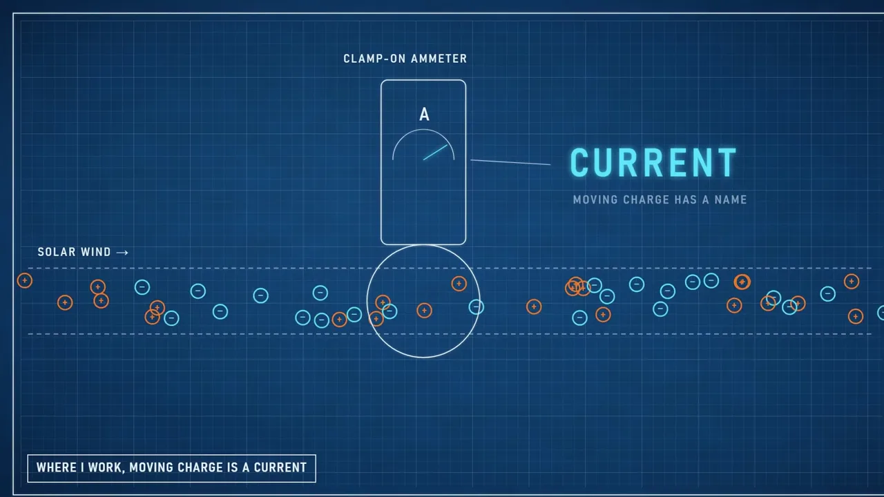 Drawing sheet: a clamp-on ammeter around the solar wind reads CURRENT