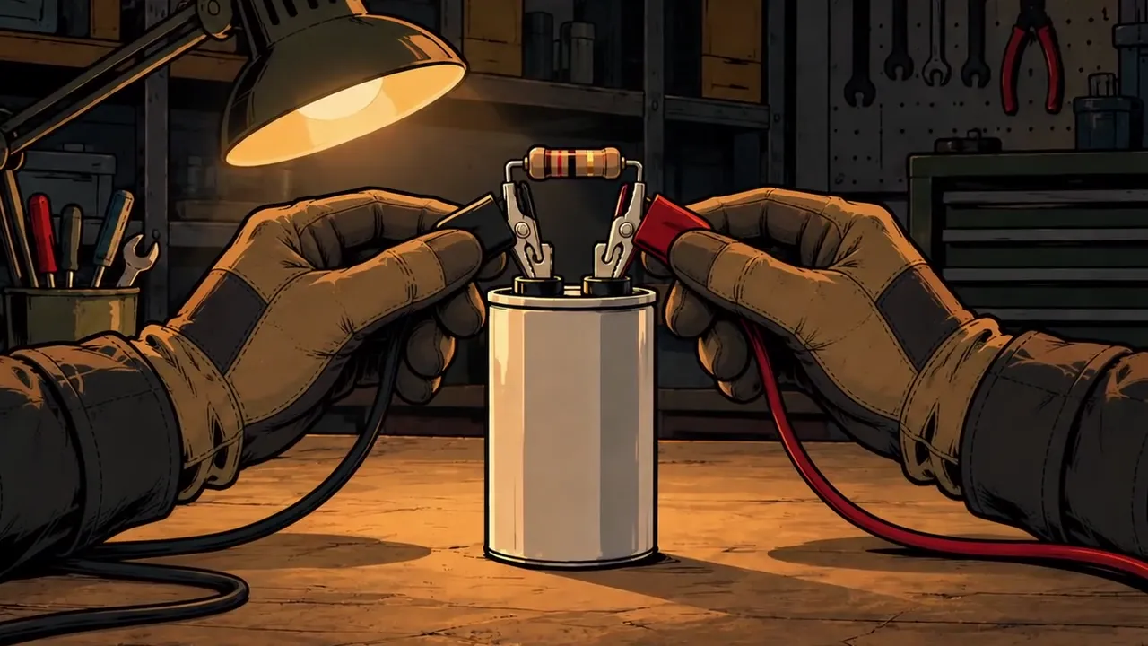 Gloved hands clipping a bleed resistor across a capacitor