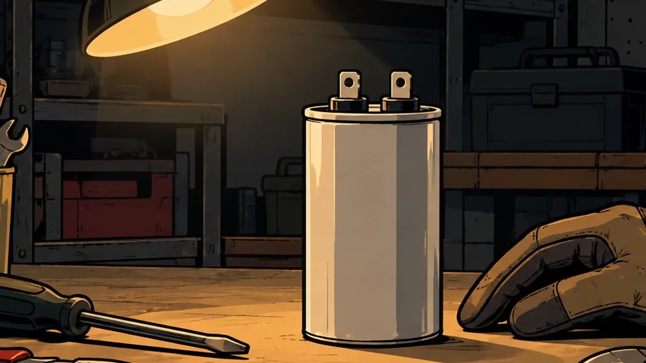 A metal-can capacitor on a workbench under a lamp