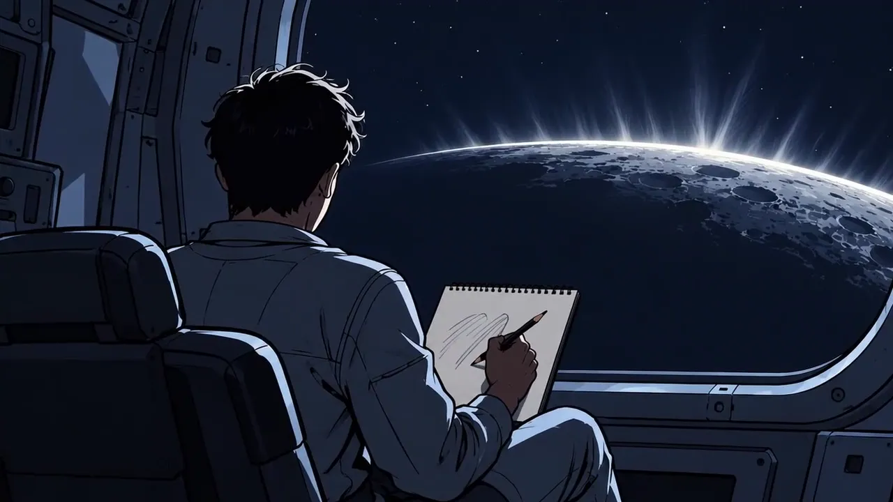 An astronaut in lunar orbit sketching streamers of light over the Moon's horizon before sunrise