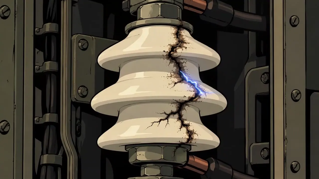 A ceramic insulator with a burned crack running through it