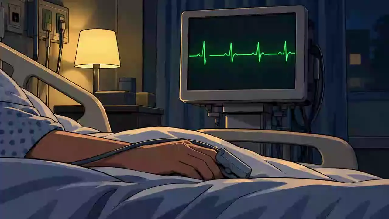 A patient in a hospital bed beside a heart monitor
