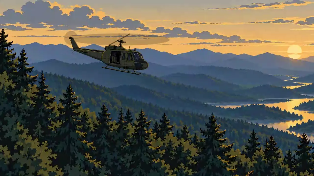 An olive Huey helicopter flying forward and sinking toward wooded ridges at sunset