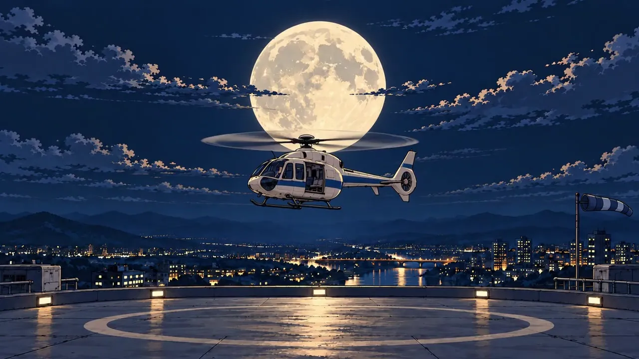 A medical helicopter lifting off a hospital roof under a full Moon