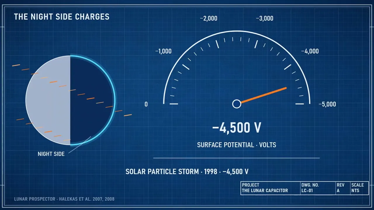 A blueprint gauge showing the Moon's night side at minus 4,500 volts