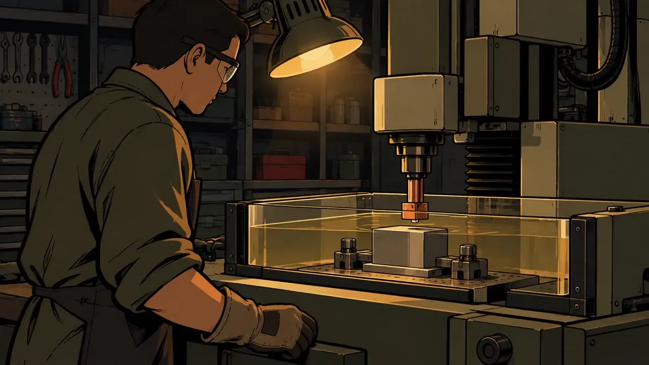 A machinist at a spark-machining (EDM) machine cutting steel