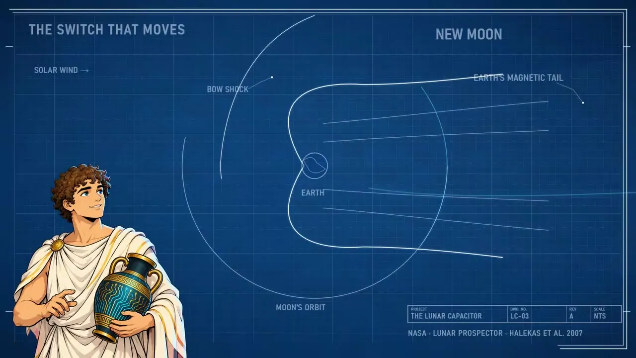 Ganymede beside a blueprint of the Moon's orbit through Earth's magnetic tail