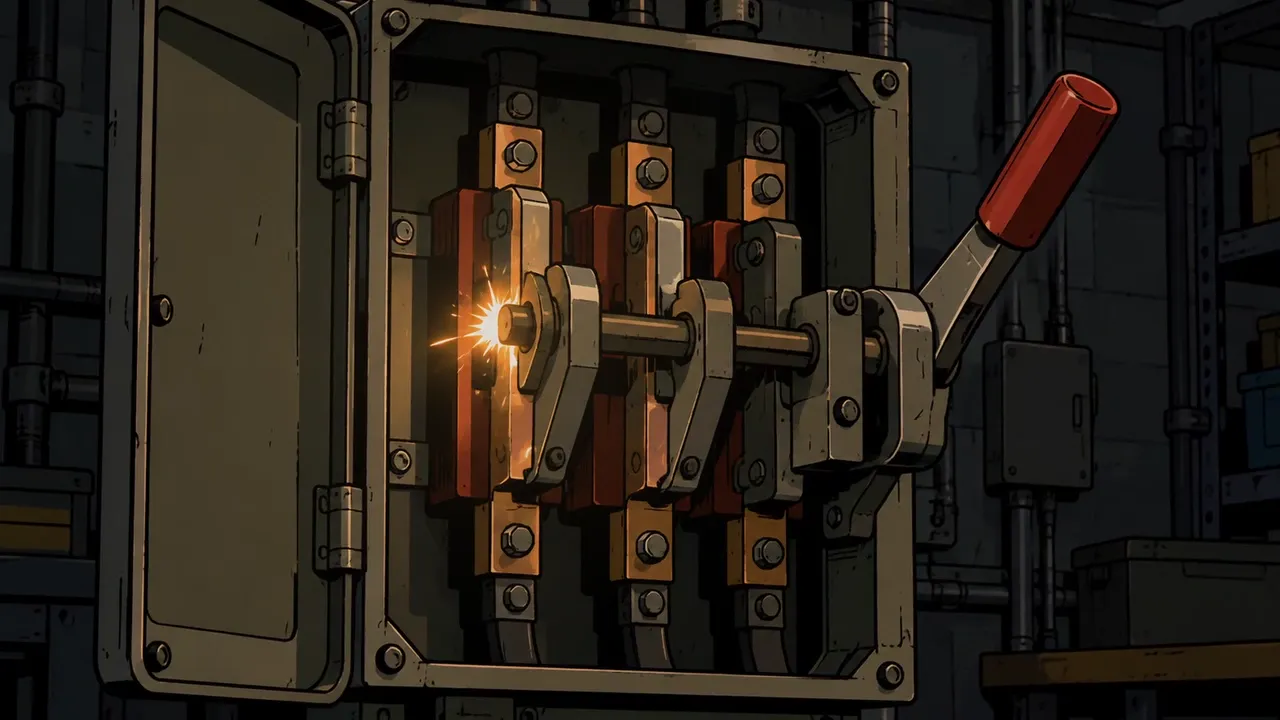 A heavy transfer switch with a spark at its contacts
