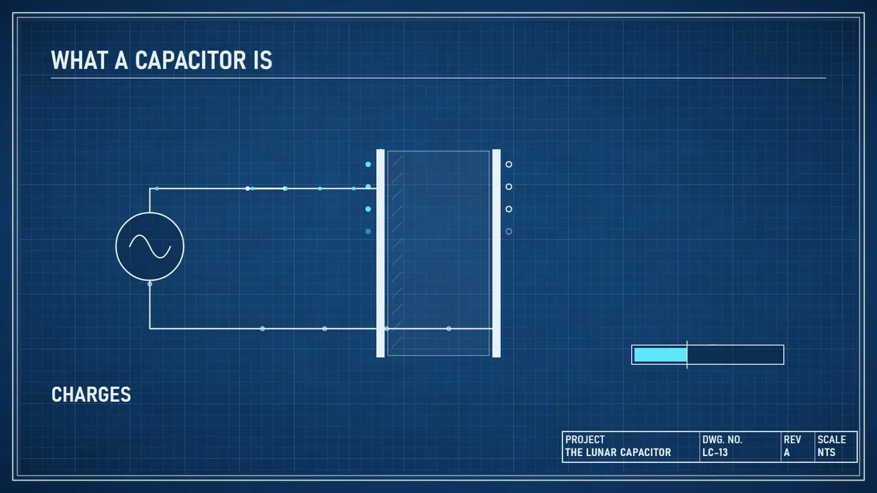 A blueprint drawing of a capacitor charging: two plates, a gap and a source