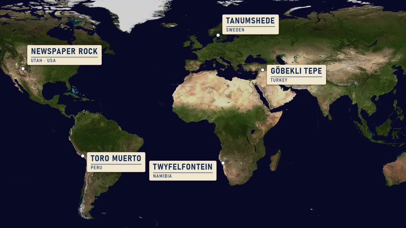 A world map marking rock-carving sites on different continents: Newspaper Rock in Utah, Toro Muerto in Peru, Twyfelfontein in Namibia, Göbekli Tepe in Turkey