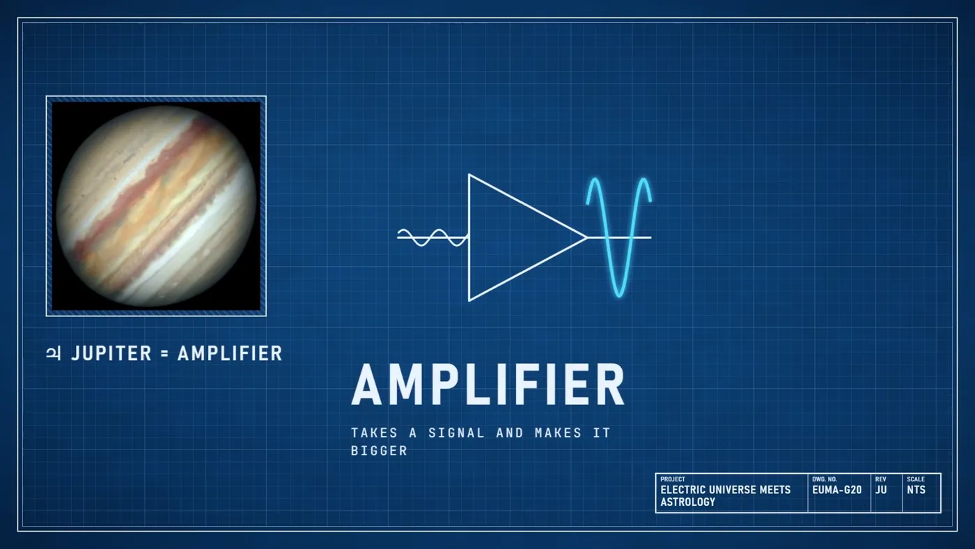 Jupiter beside an amplifier symbol: Jupiter = amplifier, it takes a signal and makes it bigger