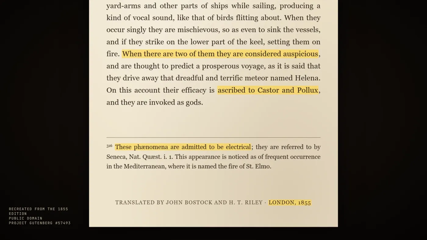 A page of Pliny’s Natural History in the 1855 Bostock and Riley translation, with “ascribed to Castor and Pollux” and the note “These phænomena are admitted to be electrical” highlighted