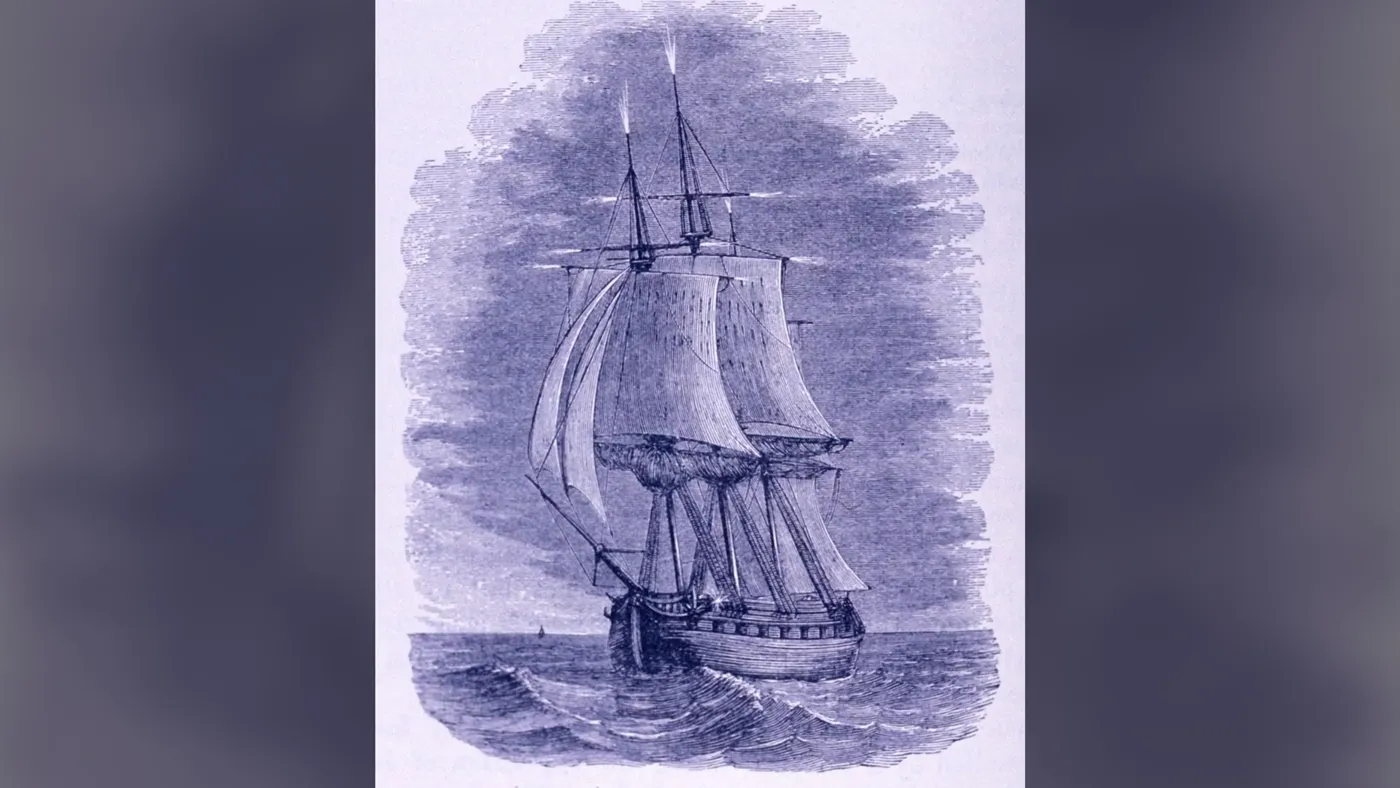 An 1886 engraving of a sailing ship’s masts and rigging on a rough sea