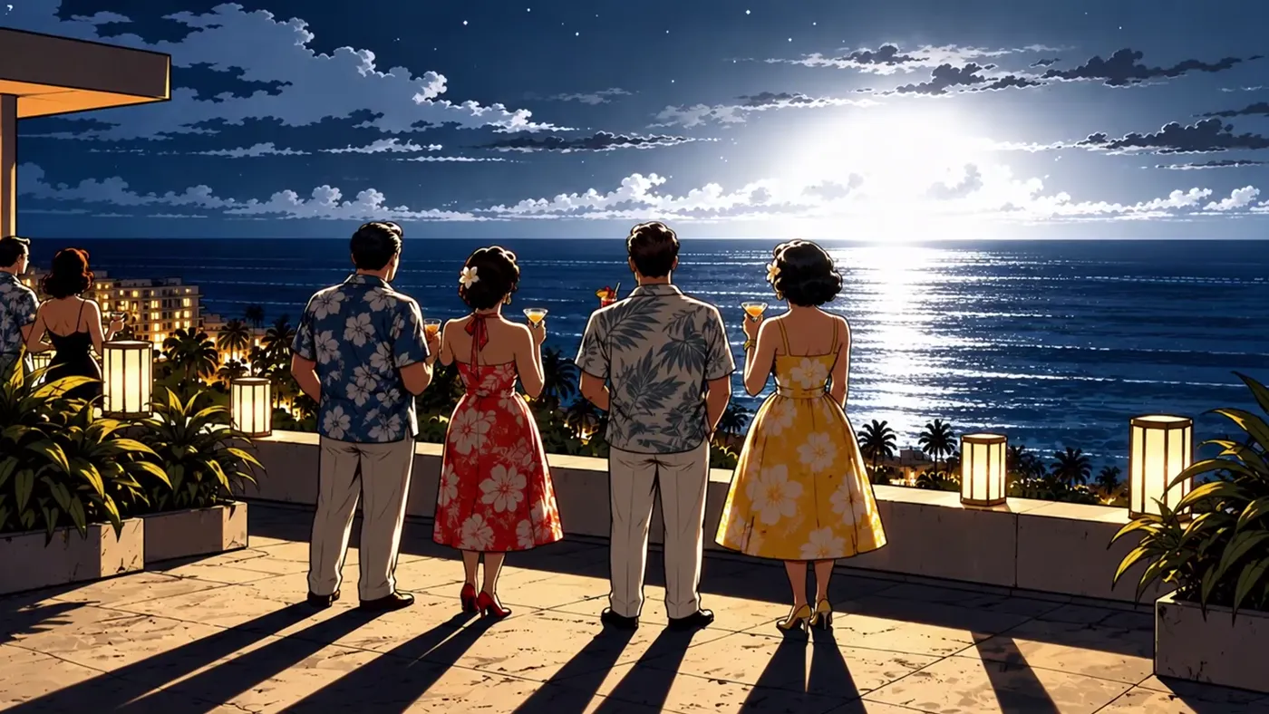 A drawn hotel rooftop over Waikiki at night in 1962, a crowd facing out over the ocean