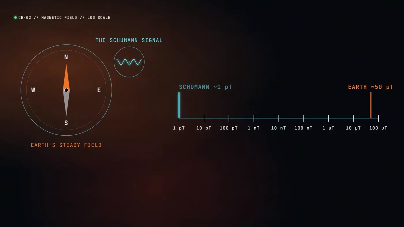 A compass beside a log scale: the Schumann signal near one picotesla, Earth's steady field near fifty microtesla