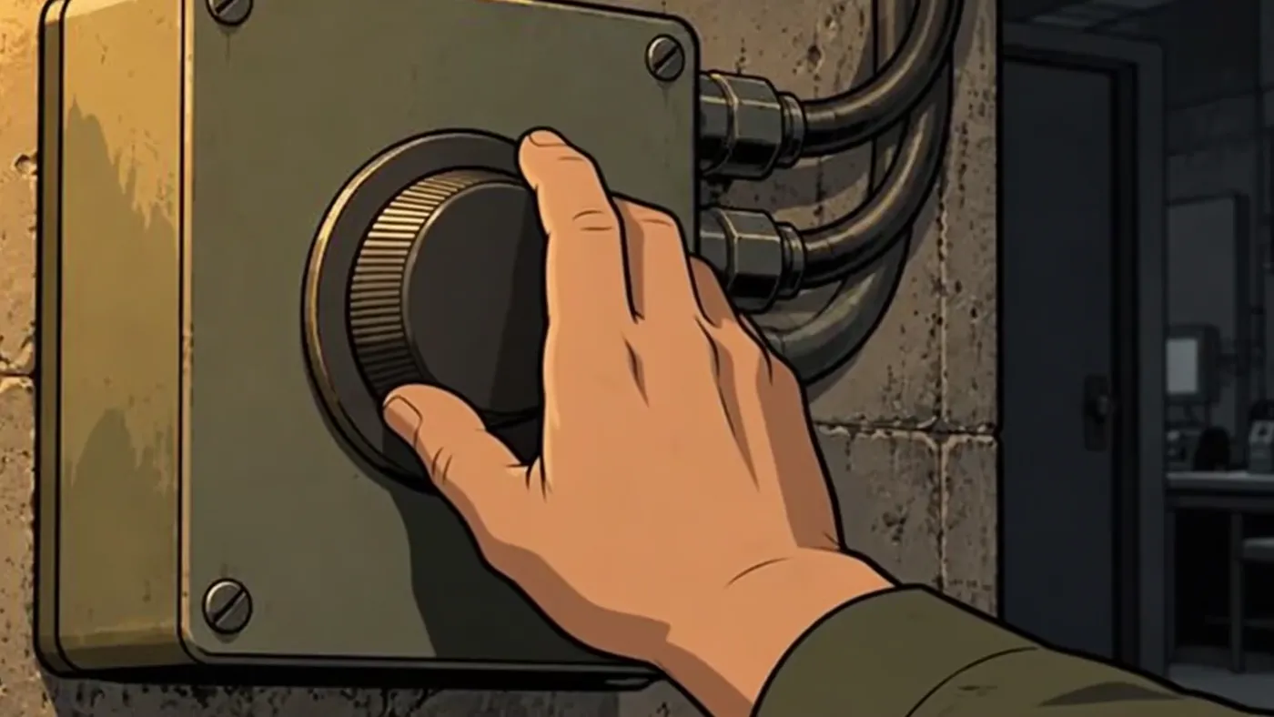 A drawn hand turning a dial on a control box on a bunker wall