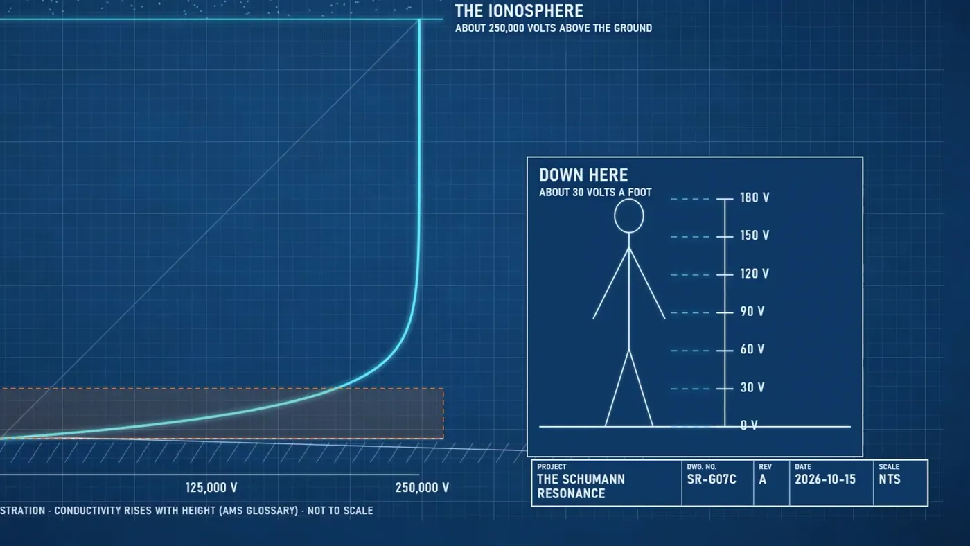 A blueprint graphic of the voltage falling through the air to a standing figure, about 30 volts a foot
