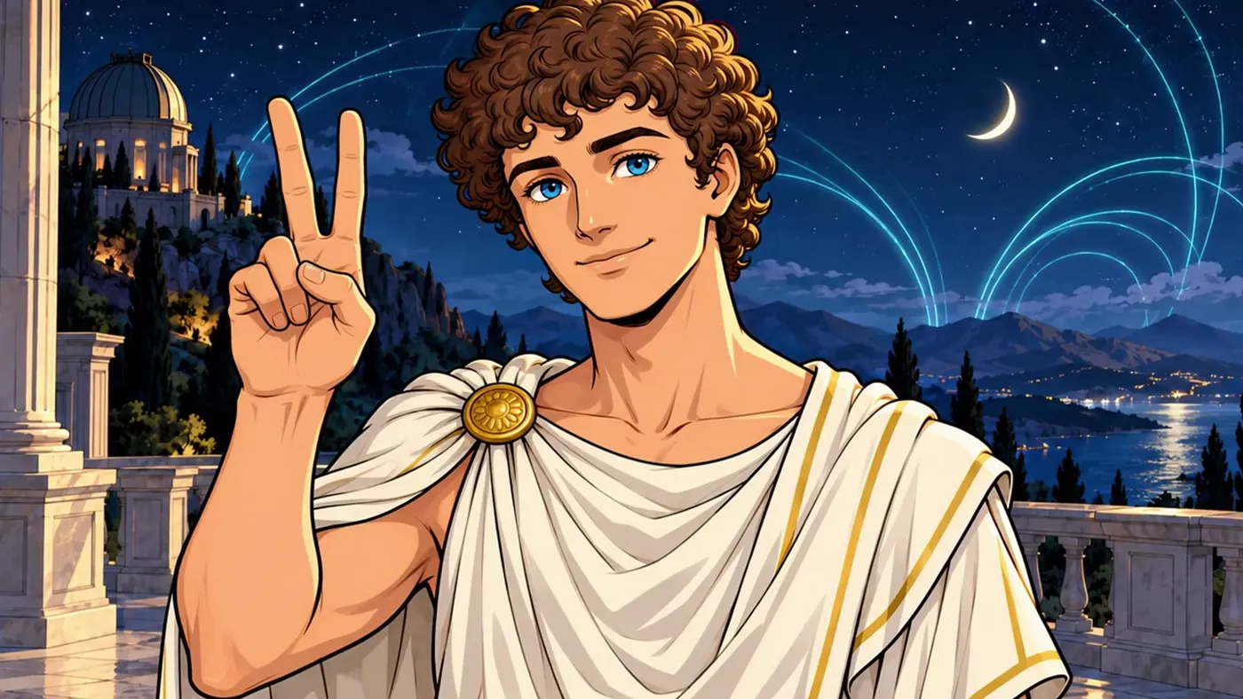 Ganymede, the guide inside the Electric Astrology app, drawn at night
